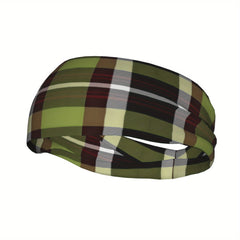 Men's Vintage Plaid Headband Olive Green Gray Grip Hairband Gym Running Casual