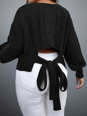 Solid Cable Knit Lantern Sleeve Top with Bow Back