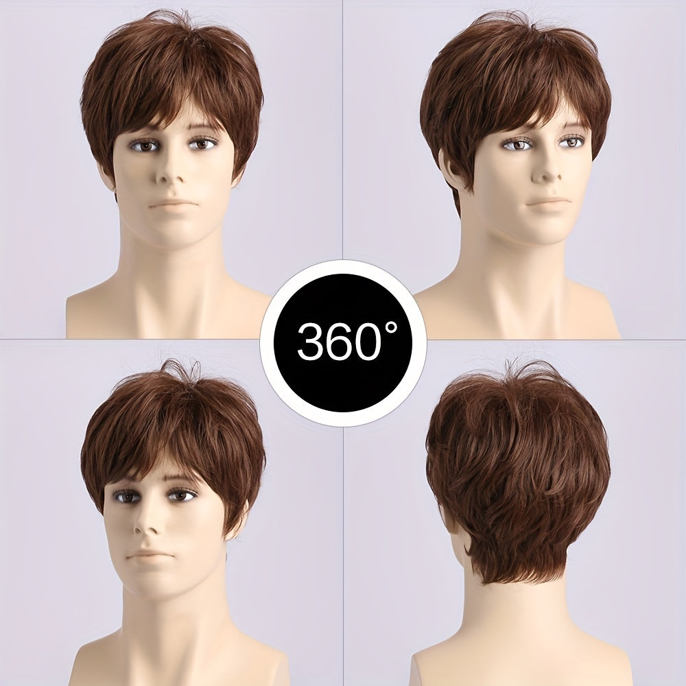 Men's Brown Short Curly Wig Daily Wear Headgear
