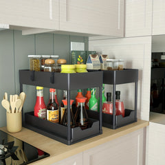 2 Tier Sliding Sink Organizer Rack Bathroom Kitchen Storage Hook