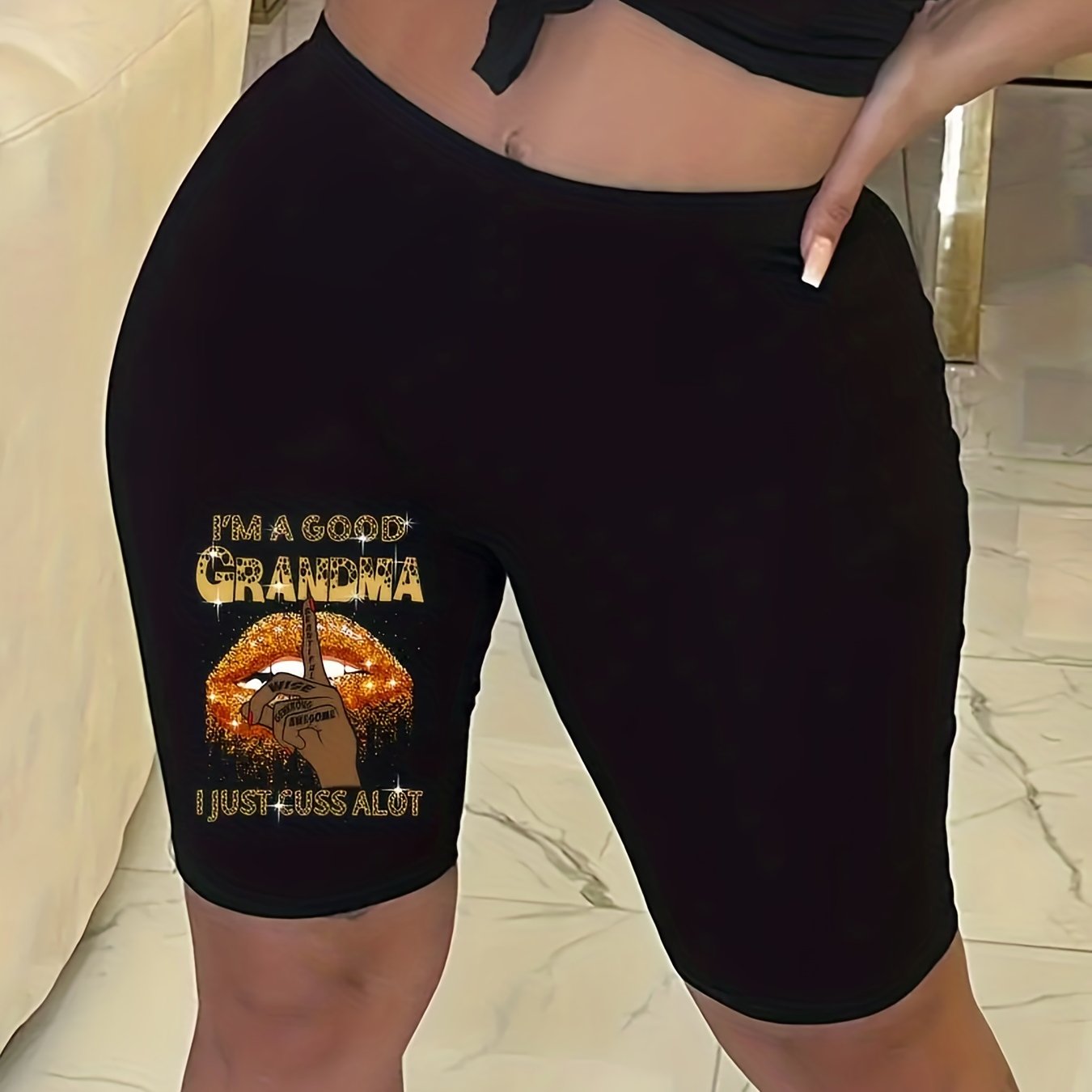 Grandma Letter Print Biker Shorts for Women