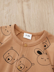 Bear And Rabbit Painting Full Print Jumpsuit Long Sleeve Cotton Baby Bodysuit