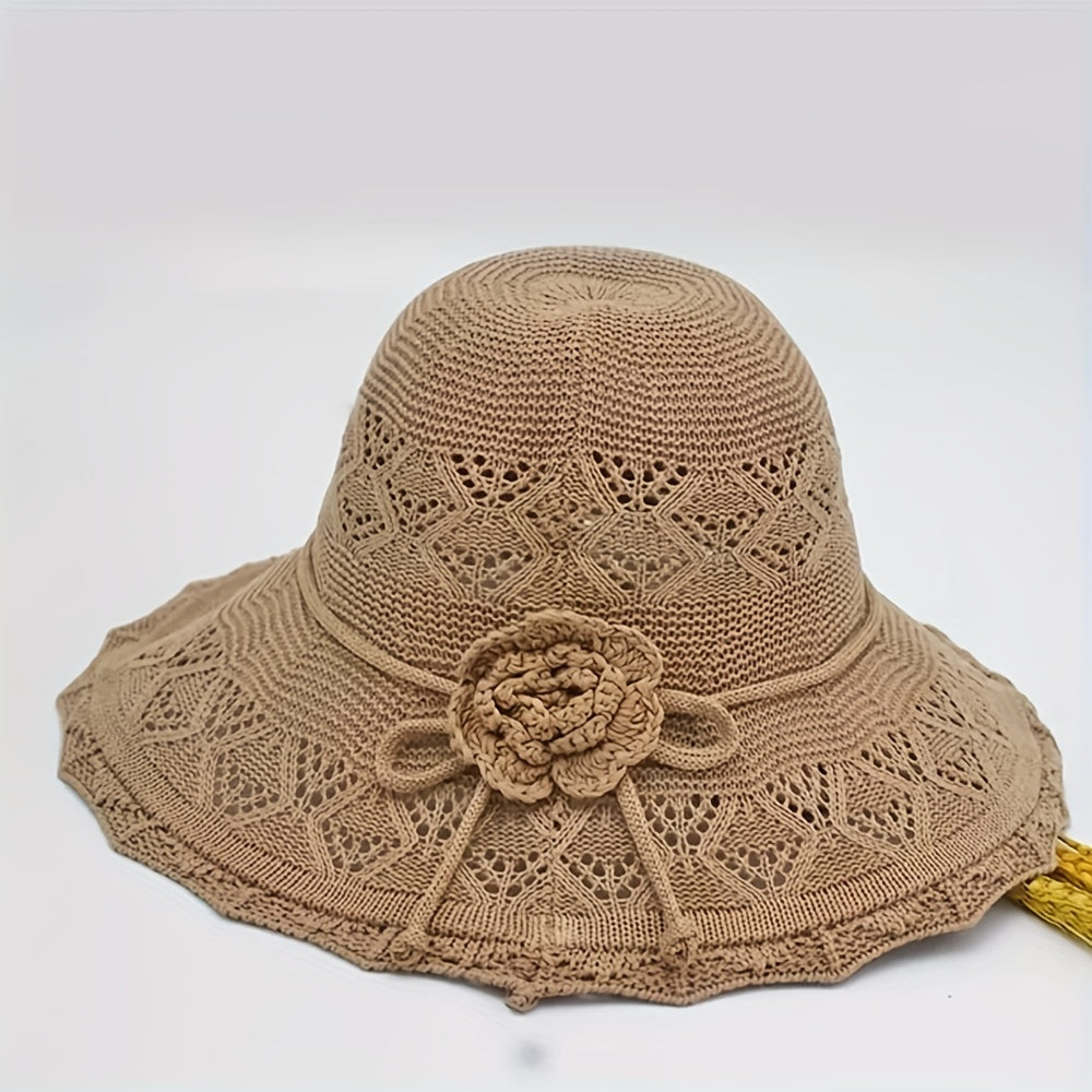 Khaki Hollow Knitted Sun Hat Flower Foldable Travel Beach Casual Bucket Hat