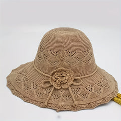 Khaki Hollow Knitted Sun Hat Flower Foldable Travel Beach Casual Bucket Hat
