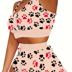 Dog Paw Print Pajama Set: Crop Cami Top & Shorts