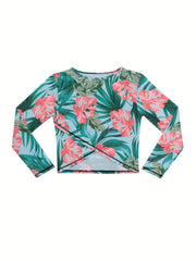 Girl's Tropical Leaf Pattern Long Sleeve T-shirt