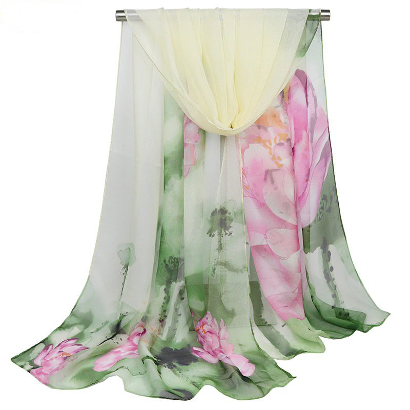 Chiffon Ink Lotus Print Thin Headwrap Large Shawl Summer Beach Towel