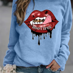 Lip Print Sweatshirt Casual Long Sleeve Crew Neck Women's Clothing