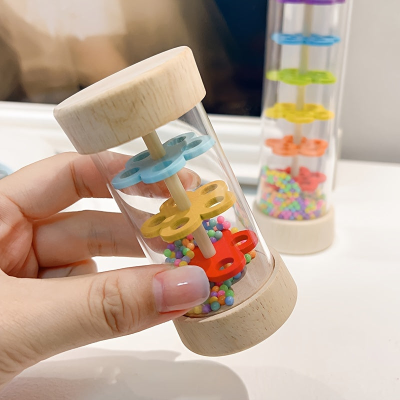 Recycled Wood Rain Sound Tube Toy with Colorful Beads & Alphabet Rings