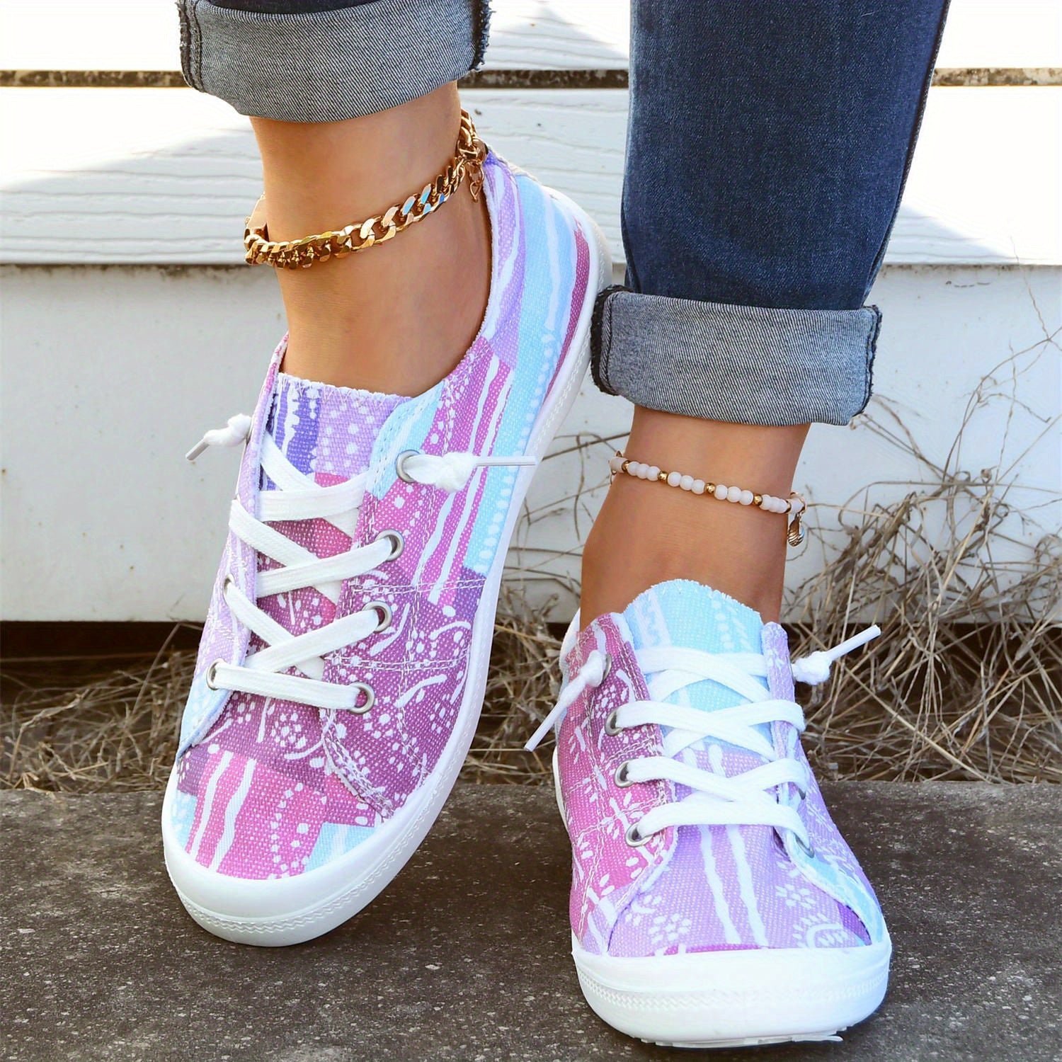 Women's Block Flower Walking Shoes Lace Up Low Top Casual Flat Sneakers