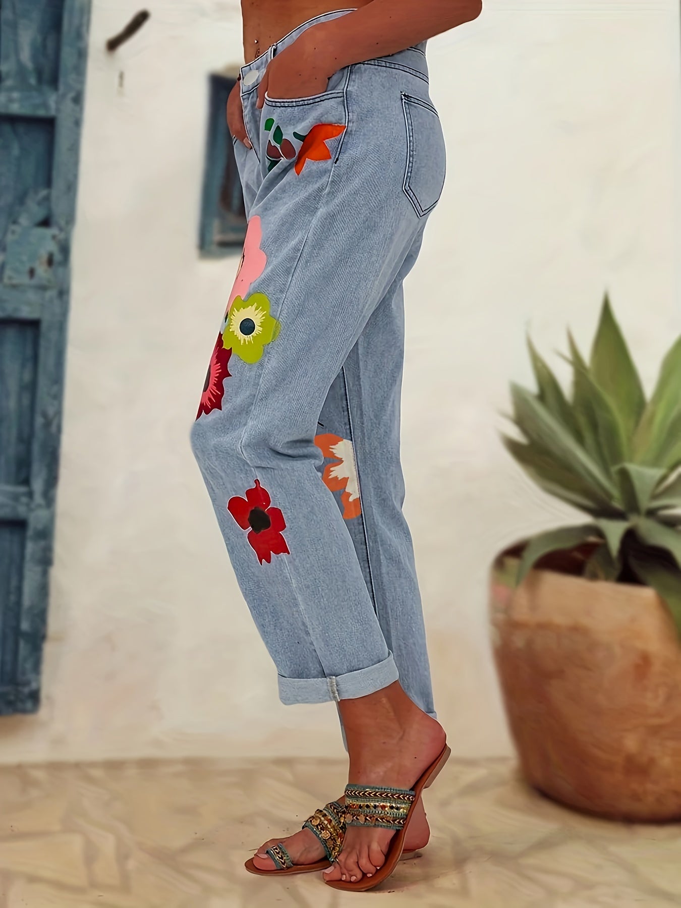 Women's Floral Print Straight Leg Denim Pants