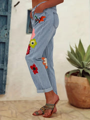 Women's Floral Print Straight Leg Denim Pants