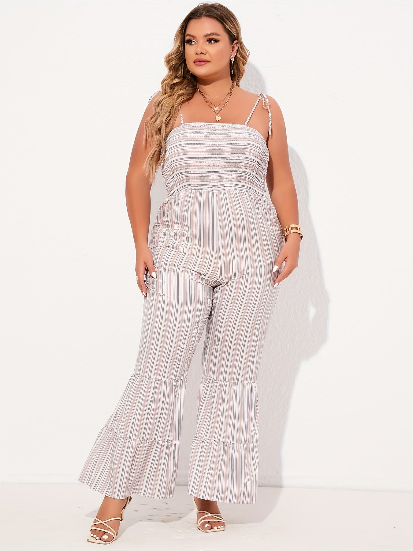 Striped Tie Shoulder Flared Leg Jumpsuit