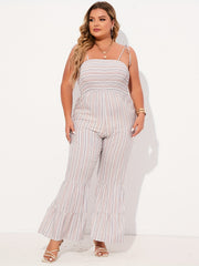 Striped Tie Shoulder Flared Leg Jumpsuit