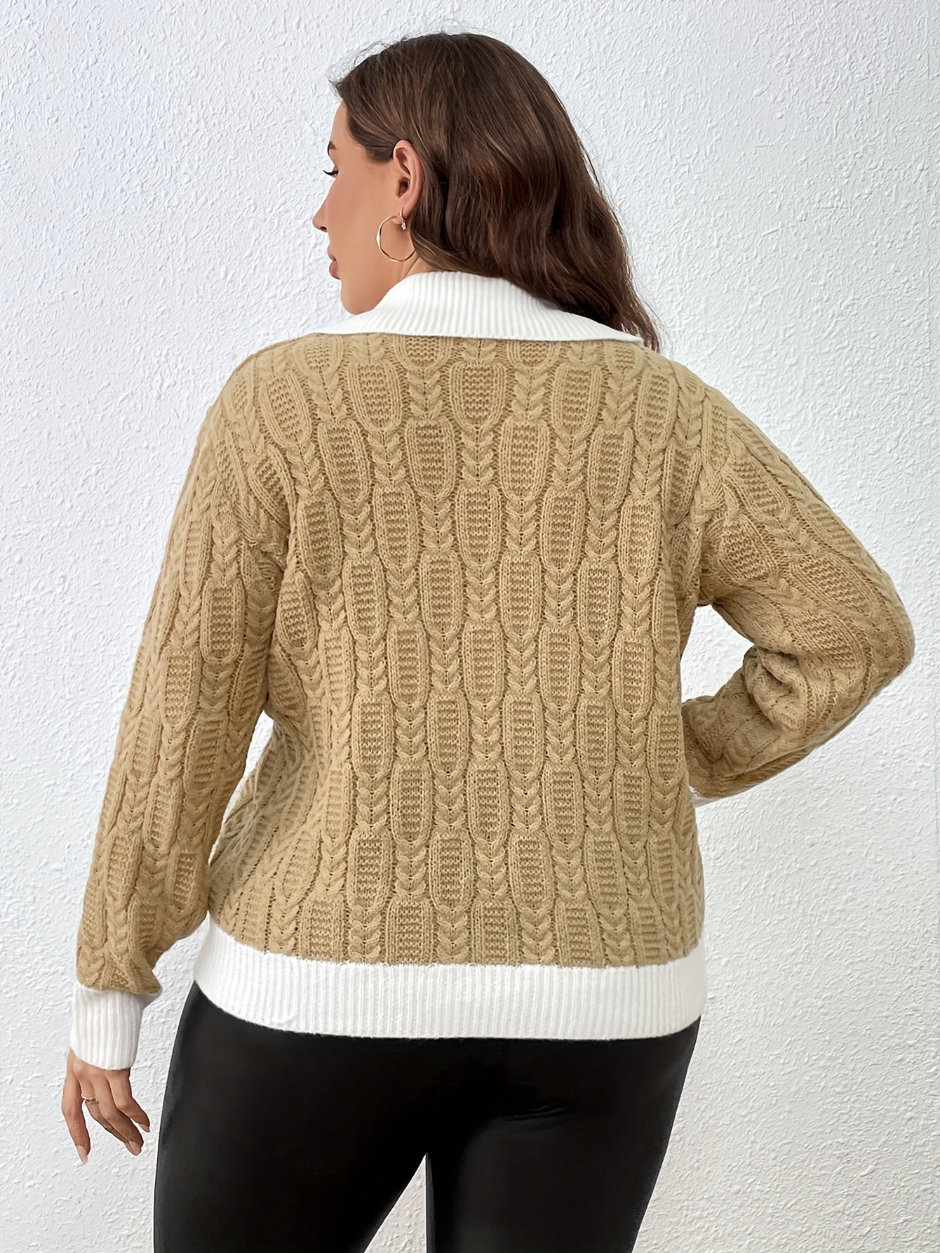 Casual Sweater Women's Plus Contrast Trim Cable Knit Long Sleeve Lapel