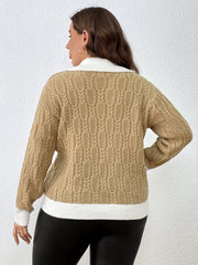 Casual Sweater Women's Plus Contrast Trim Cable Knit Long Sleeve Lapel