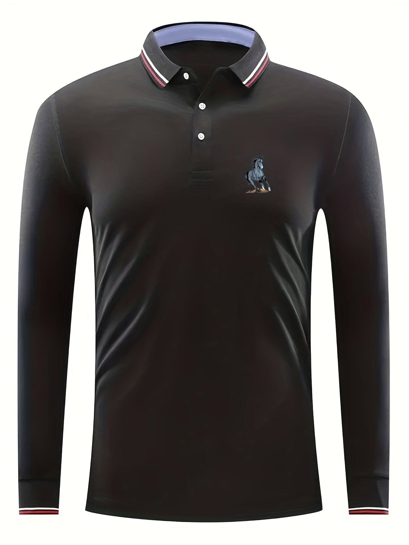 Men's Horse Print Long Sleeve Polo Shirt Casual Slightly Stretch