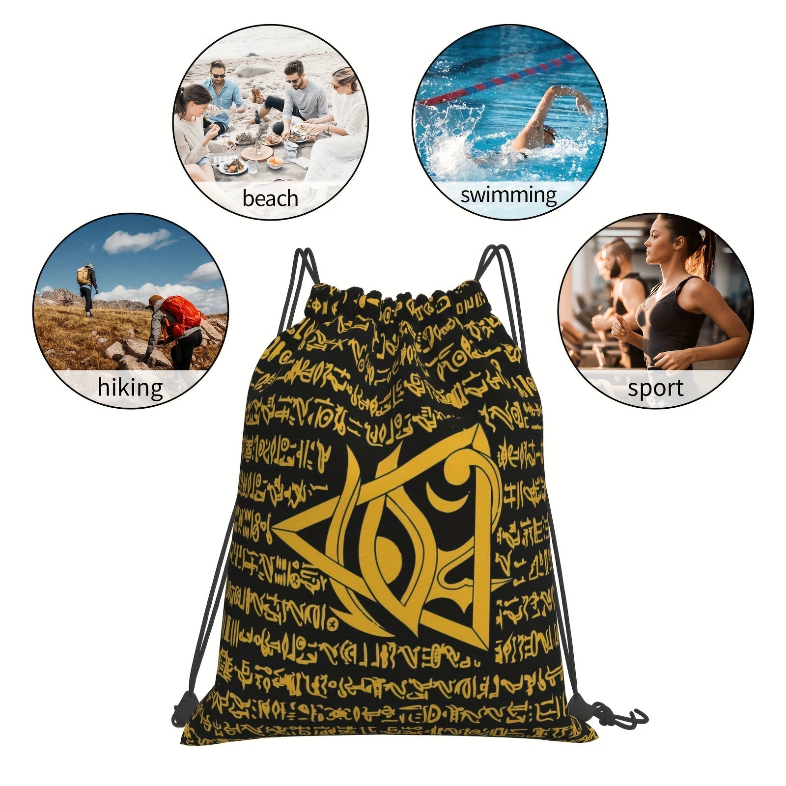 Ancient Egyptian Drawstring Bag Hieroglyphs School Beach Travel Pouch