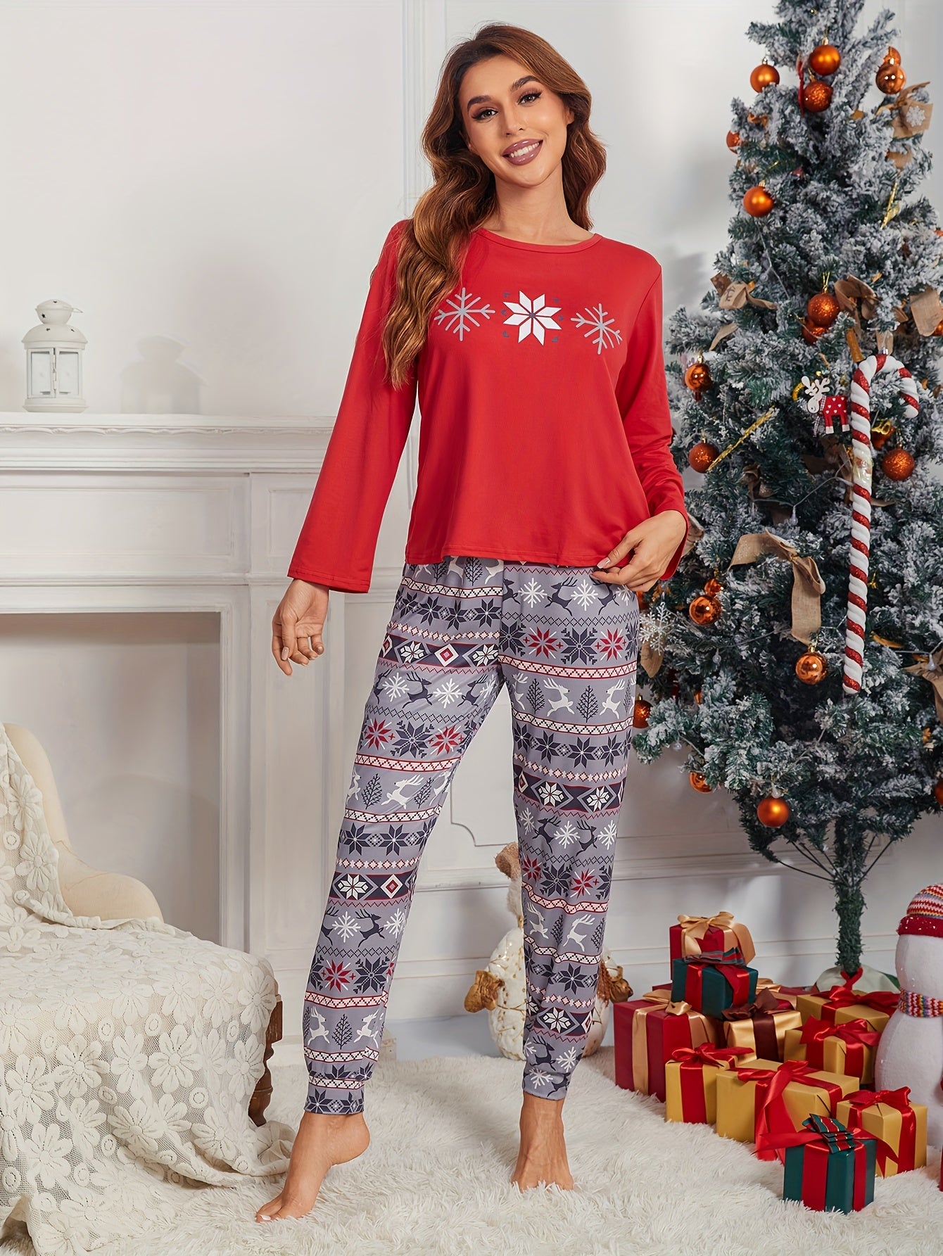 Christmas Snowflake Print Pajama Set Long Sleeve Top & Lounge Pants