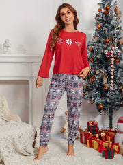 Christmas Snowflake Print Pajama Set Long Sleeve Top & Lounge Pants