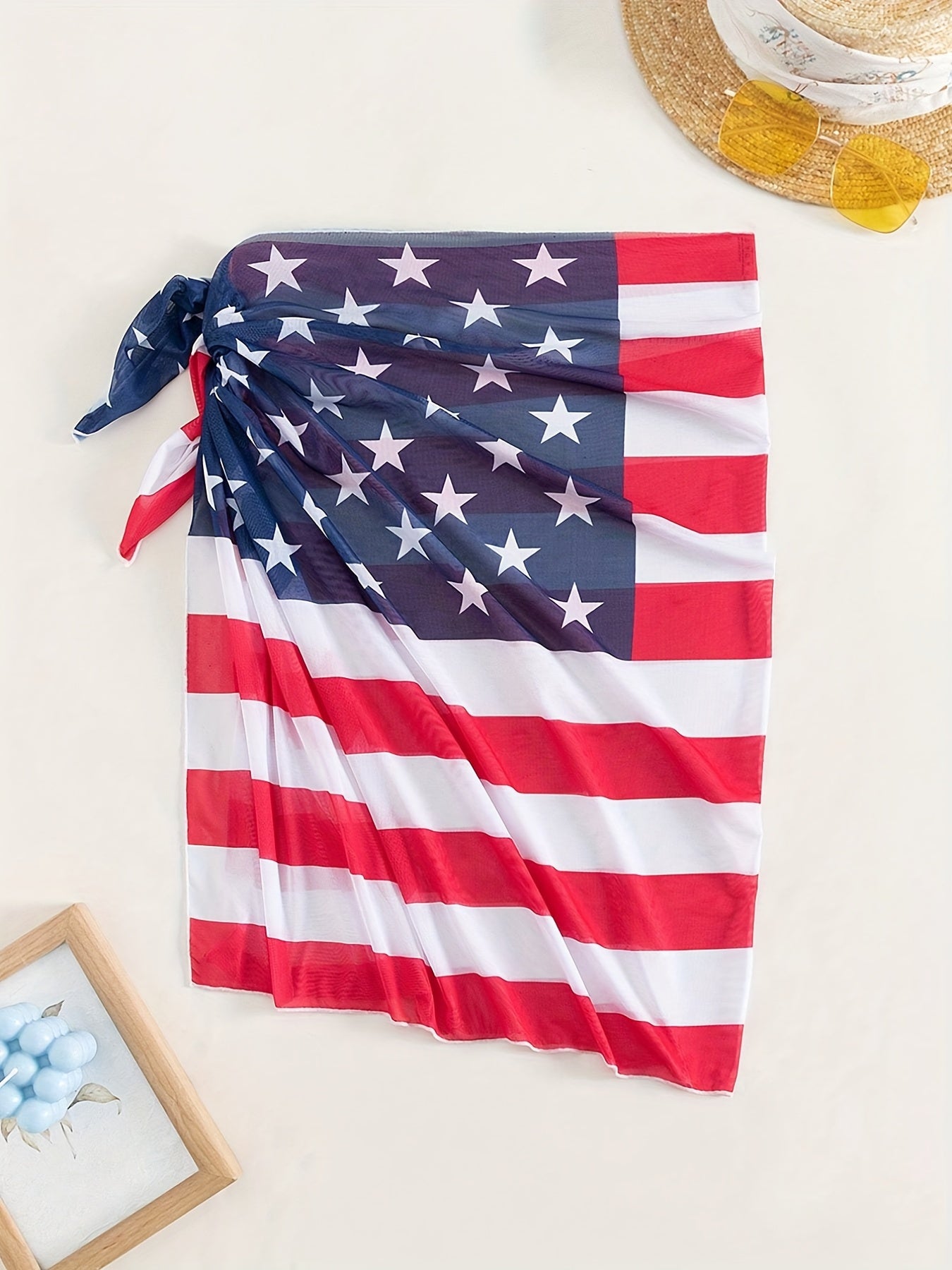 American Flap Print Tie Side Semi-Sheer Cover Up Skirt