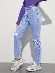 High Rise Straight Jeans Loose Fit Slash Pockets Denim Pants
