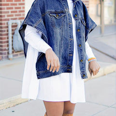 Drop Shoulder Denim Jackets Flap Pockets Lapel Women's Denim Clothing