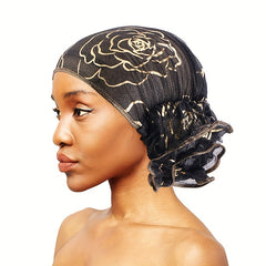 Hot Stamping Flower Pre Tied Head Scarves Ruffles Turban Cap