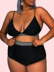 Colorblock High Waist Bikini Set Plus Size Women's Swimsuit