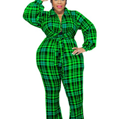 Plaid Lantern Sleeve Jumpsuit with Flared Leg