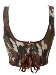Camo Print Corset Top Sexy Squared Neck Sleeveless Top