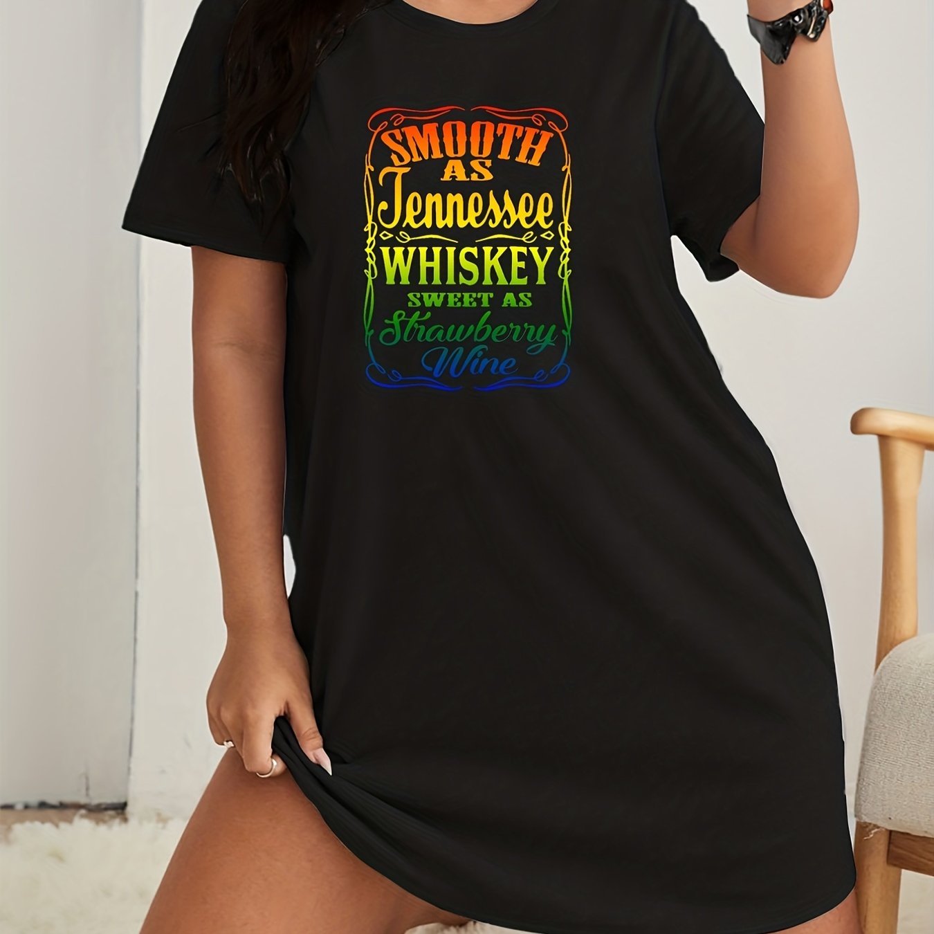 Ombre Graphic Lounge Dress Short Sleeve Stretch Nightdress