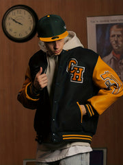 Embroidery Varsity Pu Jacket Men's Casual Faux Leather Jacket