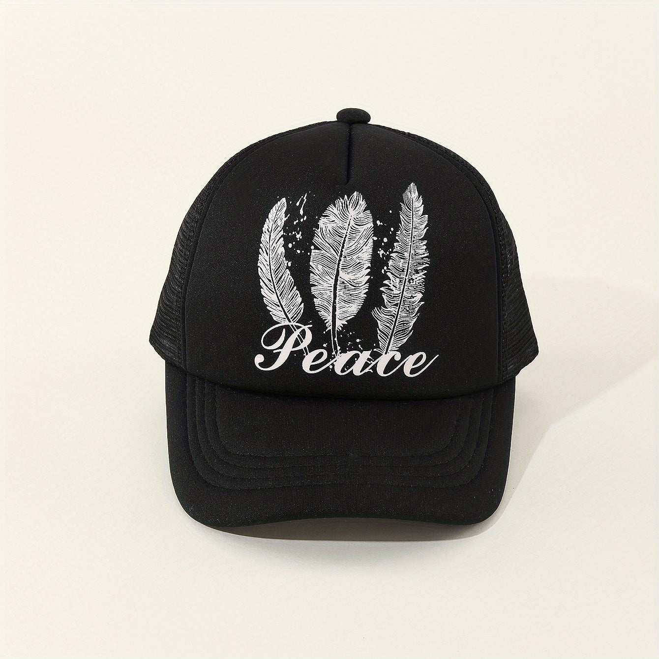 Peach Feather Print Trucker Hat Mesh Breathable Baseball Cap