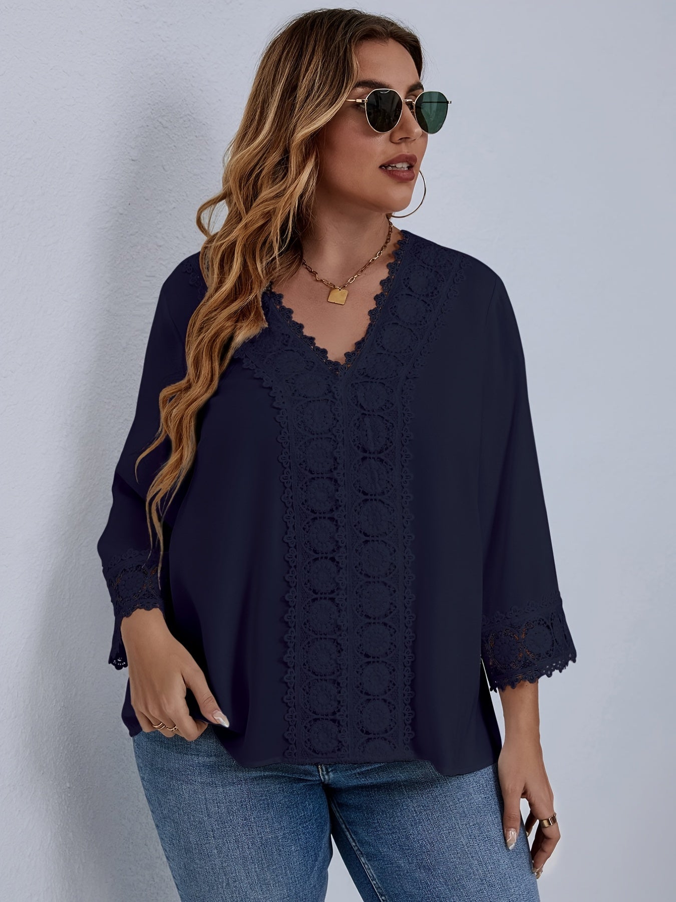 Casual Blouse Women's Plus Solid Contrast Lace Long Sleeve V Neck