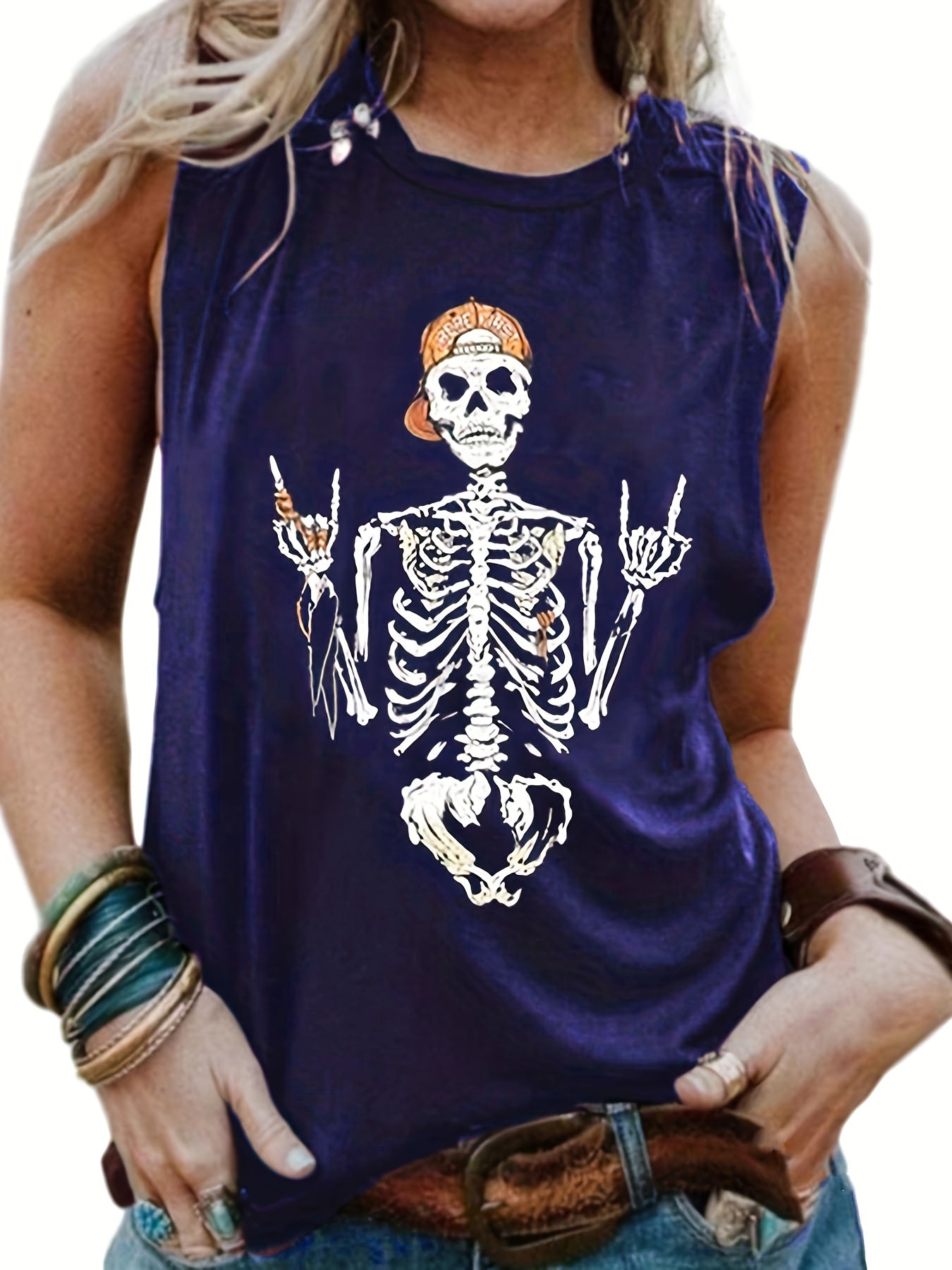 Halloween Tank Top Women's Plus Funny Skull Print Round Neck
