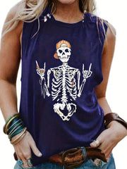 Halloween Tank Top Women's Plus Funny Skull Print Round Neck