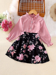 Girl's 2pcs Ruffled Shirt & Floral Skirt Set for Kids