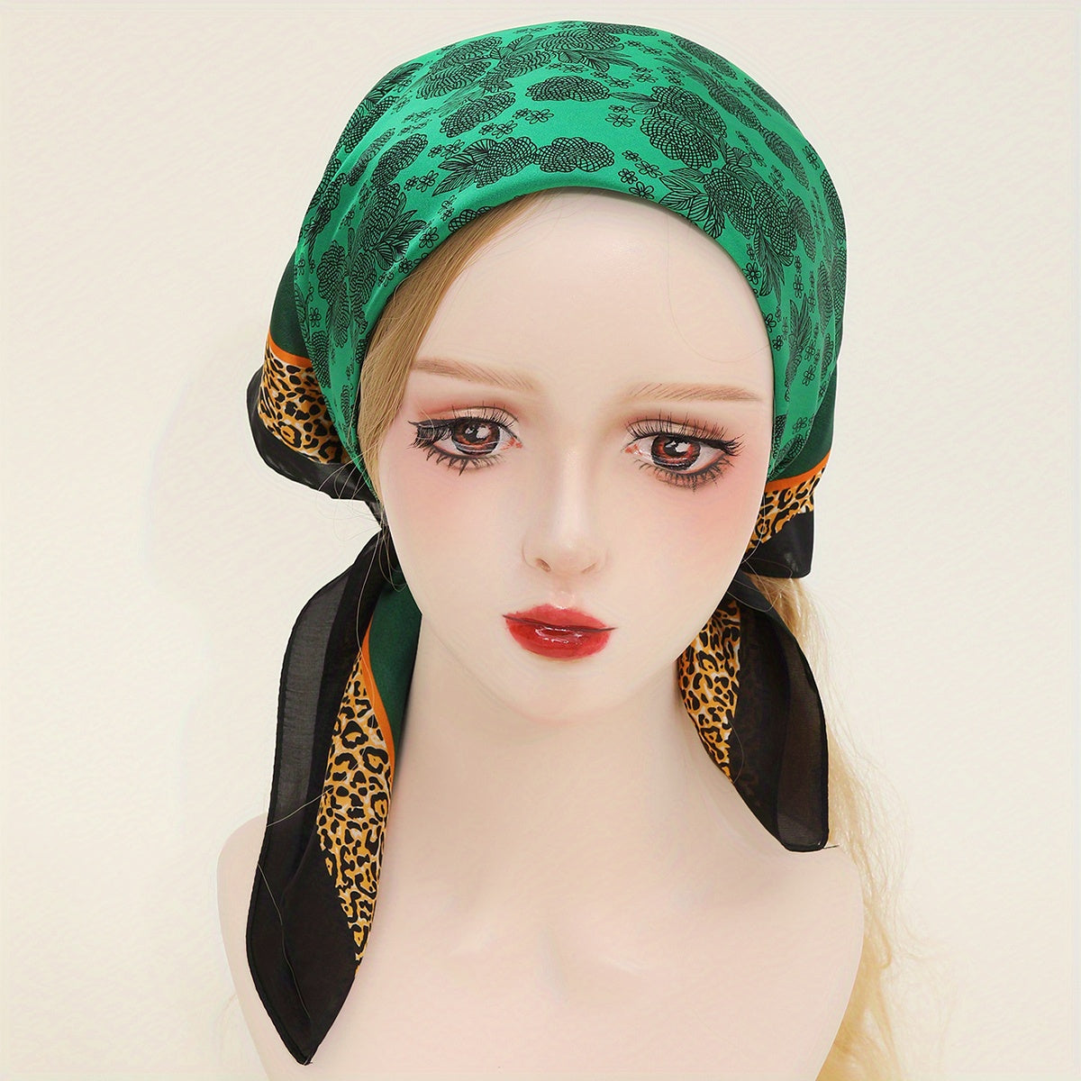Green Leopard Print Bandana Satin Square Scarf