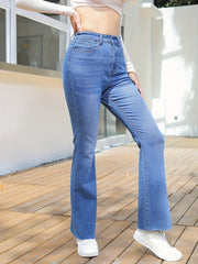 High Waist Bootcut Jeans Stretchy Slash Pocket Washed Street Style