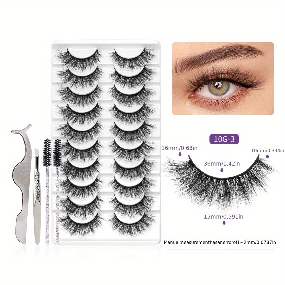 10 Pairs Volume False Eyelashes Set + Tweezers & Brushes