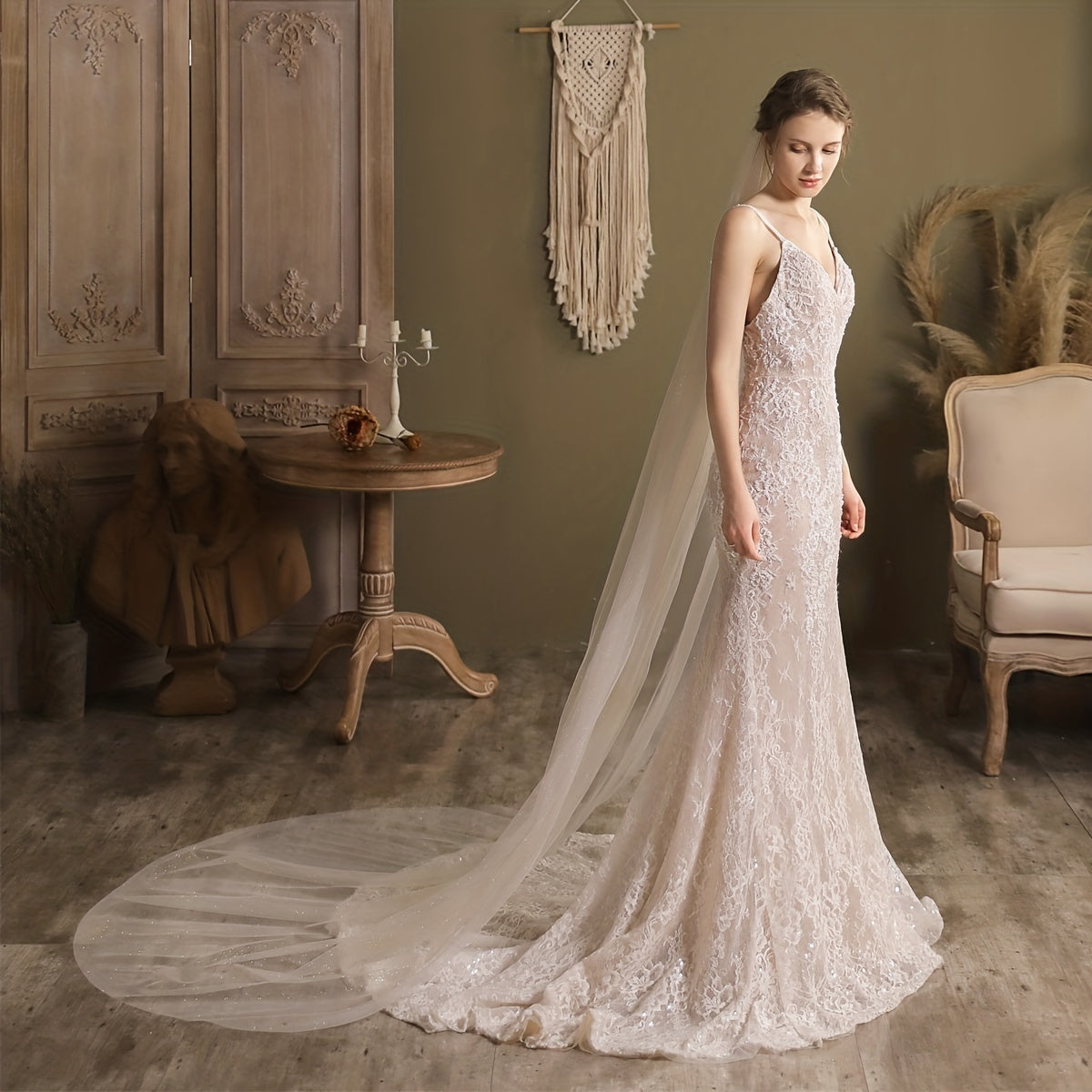 Mesh Long Cathedral Style Bridal Veil with Comb