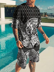 Men's 2 Piece Outfits Flower Print Ethnic Style T-shirt and Shorts Set
