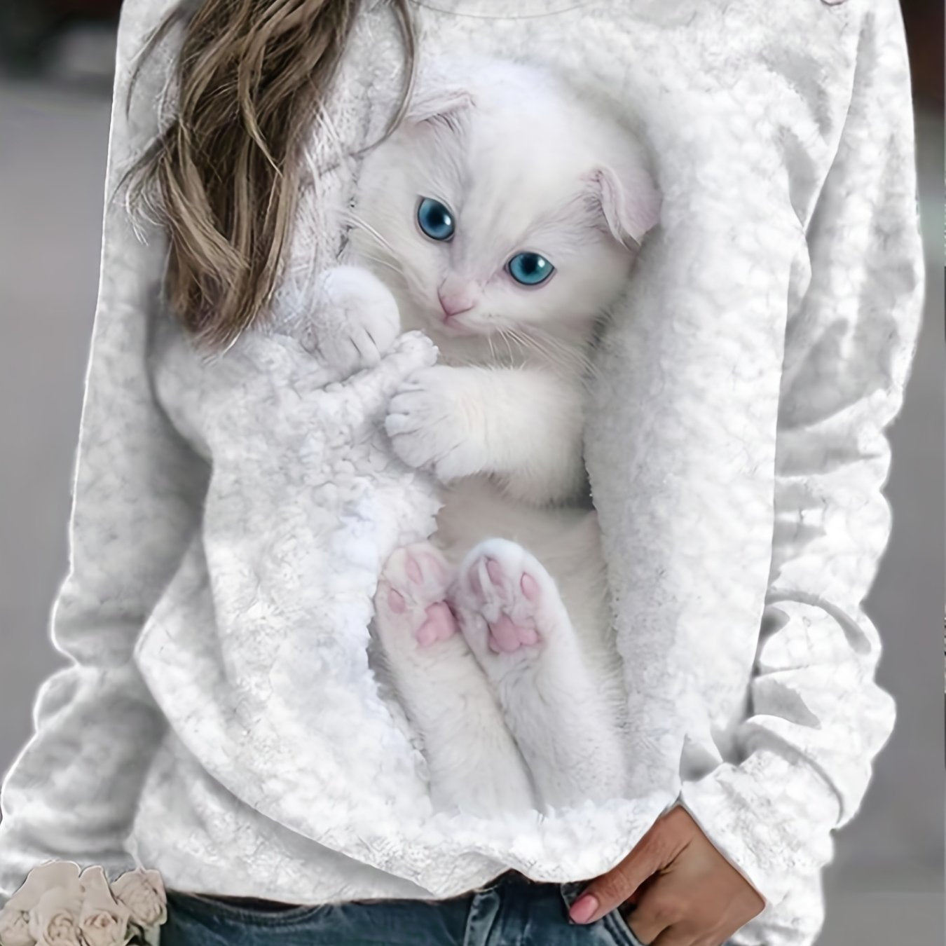 Cat Print Crew Neck Sweatshirt for Women