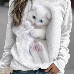 Cat Print Crew Neck Sweatshirt for Women