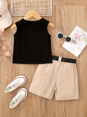 Girls Letter Print Tank Top Shorts Set Kids Clothes