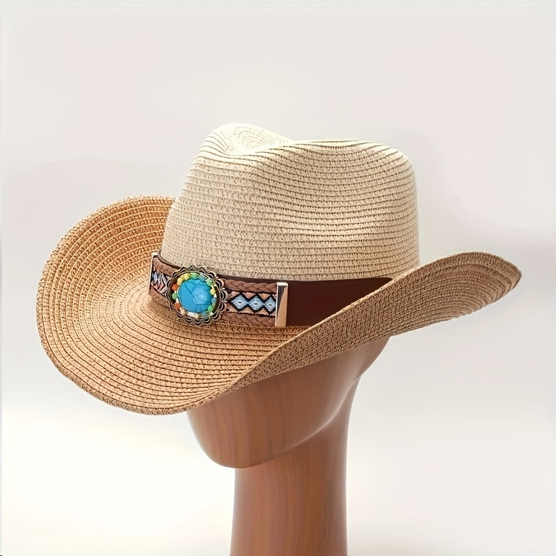 Bohemian Stone Studded Cowboy Straw Hat for Sun Protection