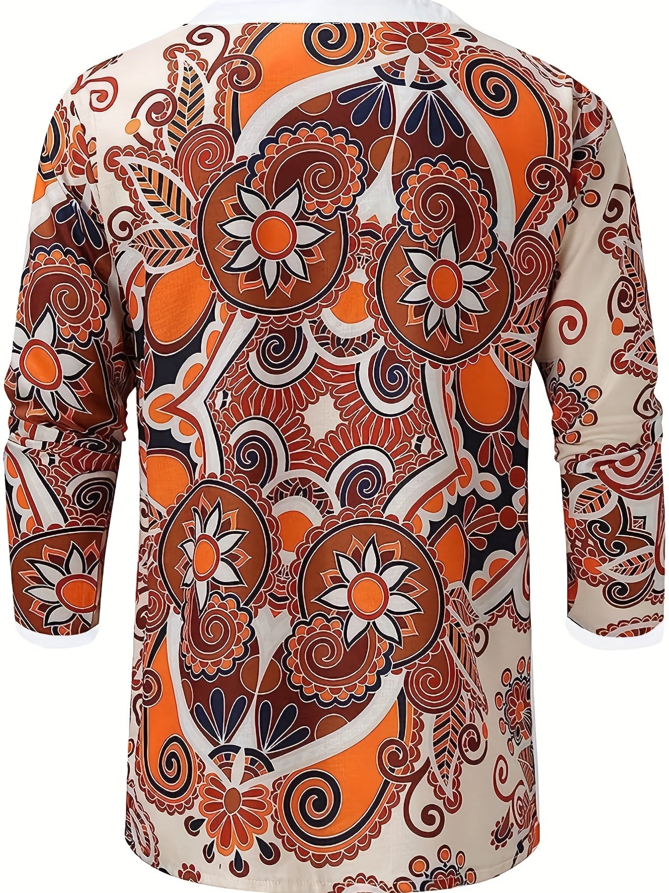 Men's Bohemian Pattern Shirt Top V Neck Lace Up Collar 3 4 Sleeves