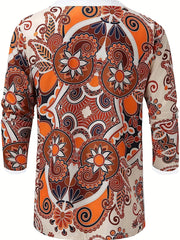 Men's Bohemian Pattern Shirt Top V Neck Lace Up Collar 3 4 Sleeves