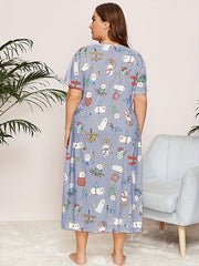 Casual Nightdress Women's Plus Funny Cats Print Short Sleeve